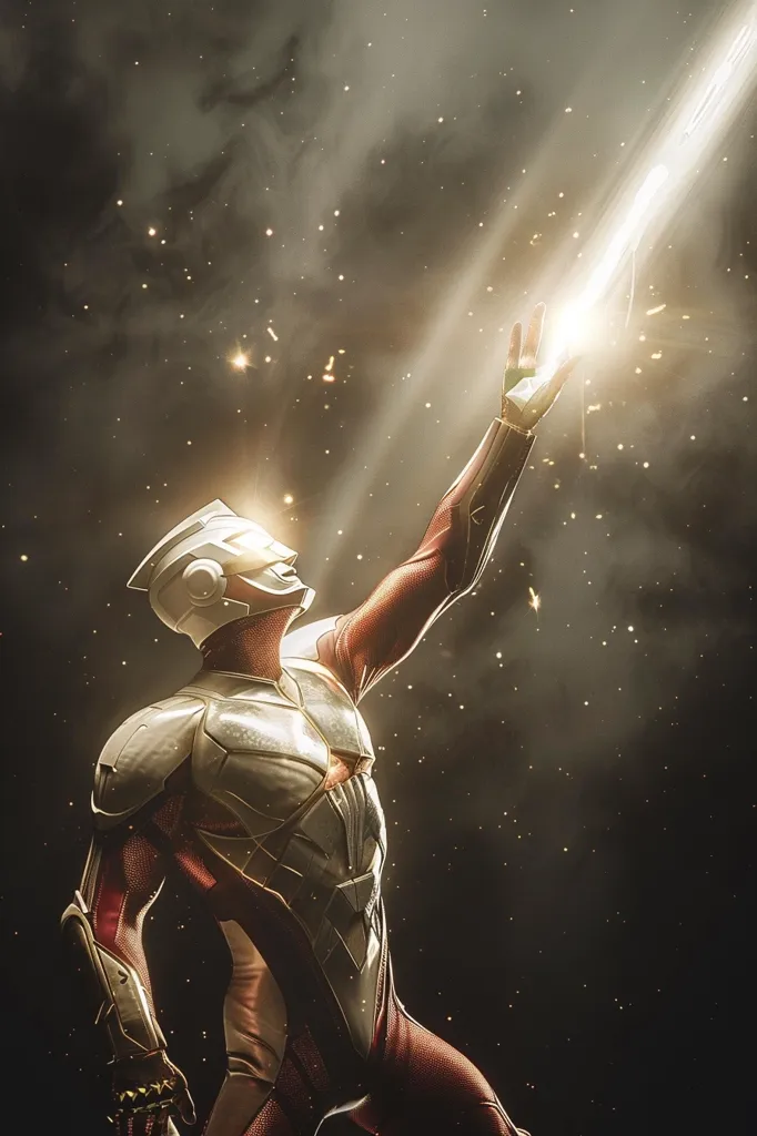 A superhero in a silver and red suit stands against a dark background, his hand outstretched toward a bright light beam. He is wearing a helmet with a glowing visor, and his expression is determined. The background is filled with stars and a hazy glow, suggesting a cosmic setting. The scene evokes a sense of power and heroism.