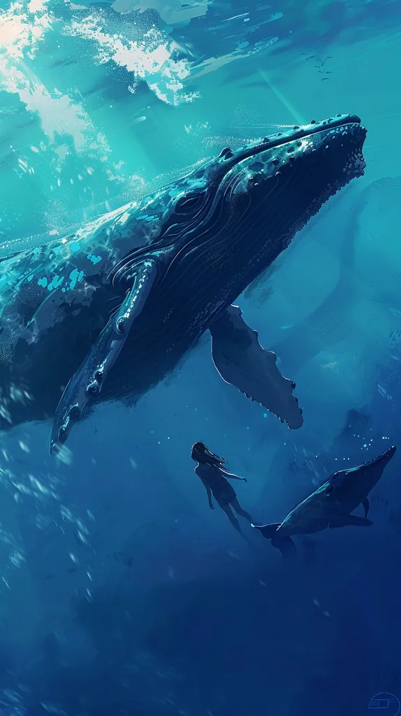 A large, blue whale swims through a deep blue ocean, its body partially visible against the surface. A single, small figure of a woman floats in the water, seemingly gazing up at the whale. The scene is peaceful and serene, with a sense of wonder and awe. The water is clear and sparkling, with sunlight filtering through the surface. The image evokes a feeling of freedom and the vastness of the ocean.
