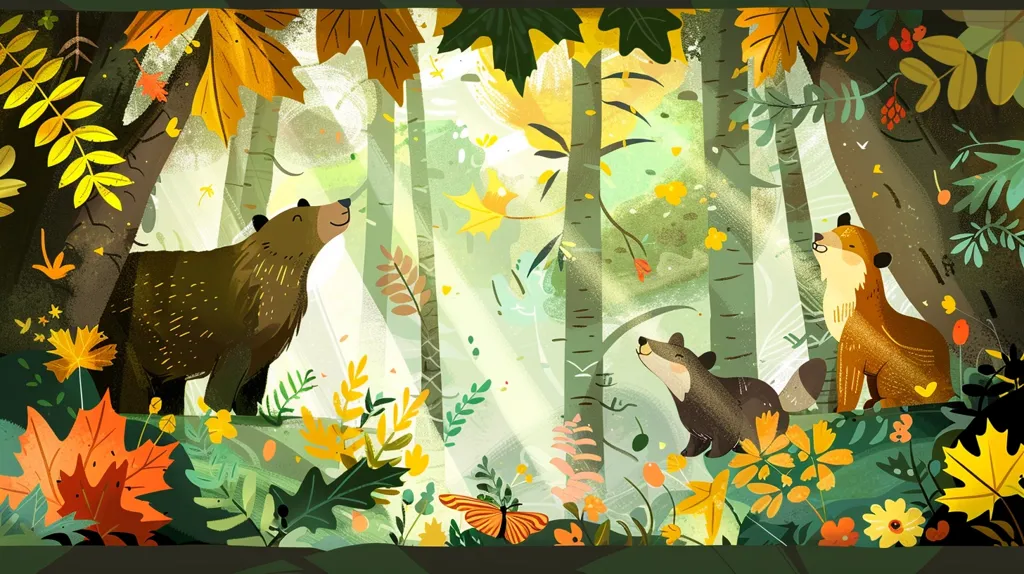 The image depicts a whimsical autumnal forest scene with three animals. A bear stands to the left, looking up at the sunlight streaming through the trees, while a fox sits to the right, also gazing up. A smaller, furry creature sits on a log, facing the bear. The scene is filled with vibrant foliage and bright, cheerful colors. A lone butterfly flutters in the lower center of the image.