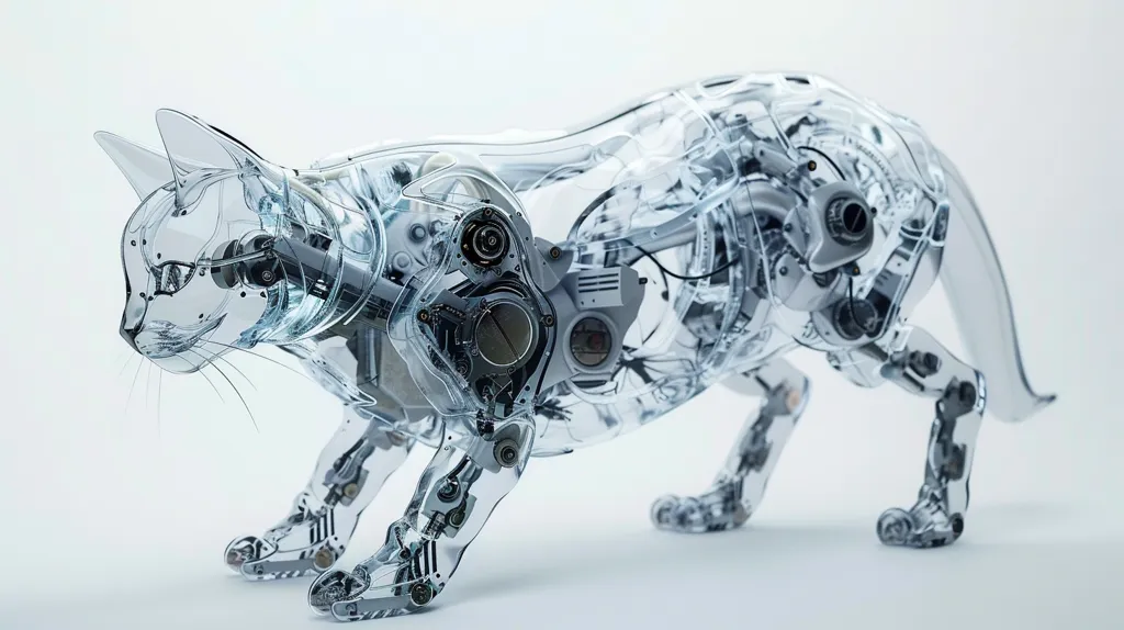 The image depicts a robotic cat, rendered in a transparent, almost glass-like material. Its intricate internal mechanisms are visible, showcasing a network of gears, wires, and pipes. The cat is in a crouching posture, its head lowered as if observing something intently. The white background highlights the robot's translucent form, creating a futuristic and somewhat unsettling aesthetic.