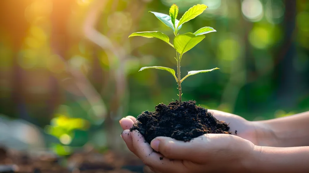 A pair of hands delicately holds a small sapling, cradled in a mound of rich, dark soil. The plant, with its vibrant green leaves, reaches towards the sun, a symbol of hope and new beginnings. The blurred background suggests a natural setting, perhaps a forest or a garden, highlighting the importance of nurturing and protecting the environment.