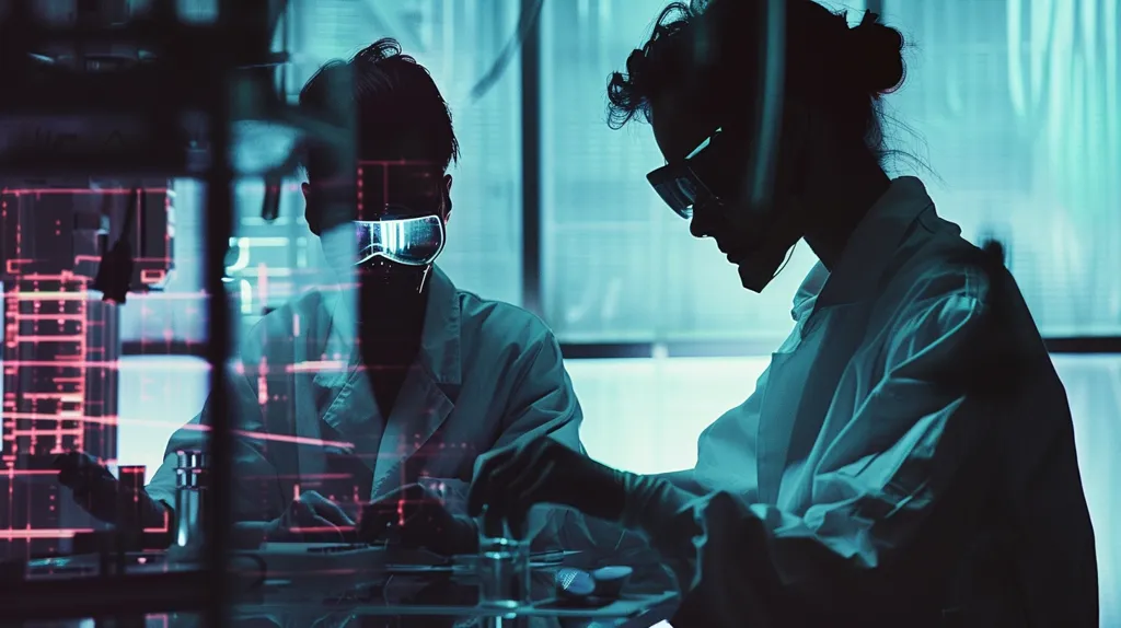 Two scientists, both wearing lab coats and goggles, are working in a laboratory. The image is dimly lit, with a blue-green hue. A grid pattern overlays the image, suggesting data or research. The scientist on the left is working with a device or equipment, while the scientist on the right is looking down at something. Their expressions are focused and serious. The overall impression is one of intense scientific activity.