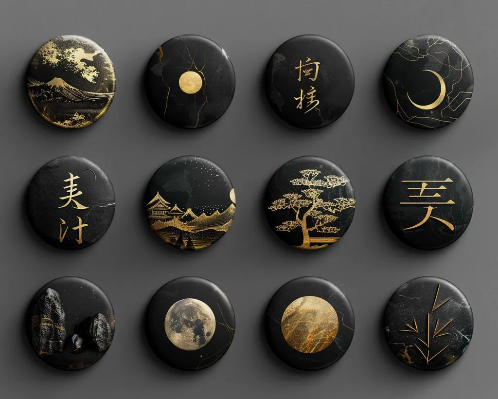 Twelve round black and gold buttons with various Japanese-inspired designs.  Each button features a different image, including a moon, mountains, a tree, and Japanese characters.  The buttons are arranged in a three by four grid.  The background is a plain grey color.  The style is minimalist and elegant.  The buttons are perfect for adding a touch of Japanese culture to any project.