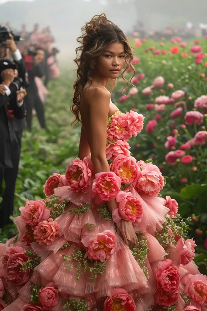 A young woman with long brown hair styled in an updo is wearing a stunning pink dress made entirely of large pink flowers. The dress is layered and flows beautifully, and the woman's skin glows in the soft light. The background is a blur of greenery and pink flowers, creating a dreamy and ethereal atmosphere. The woman's confident expression and the sheer beauty of the dress make this a captivating image.