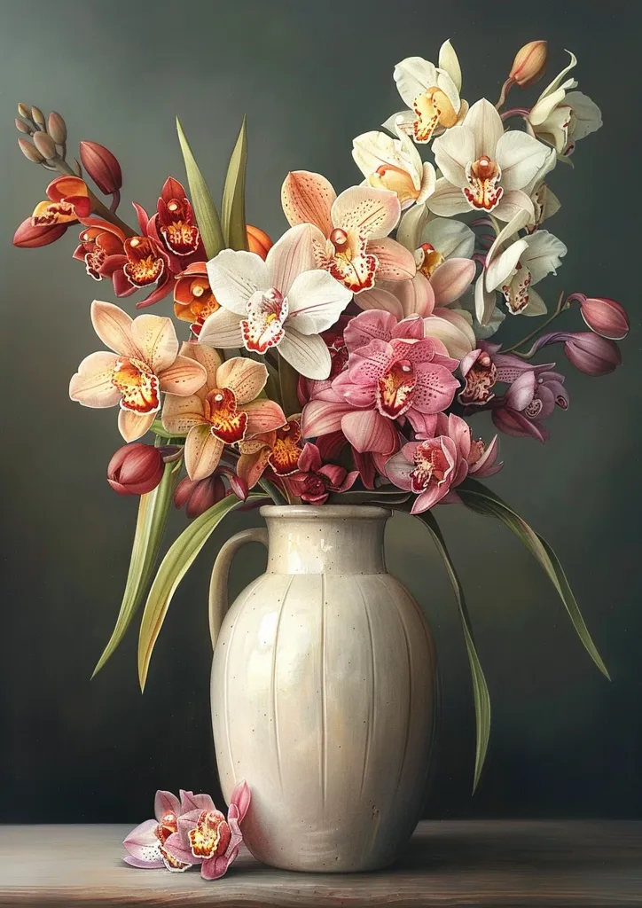 A white ceramic vase with a wide, round base and a narrow neck sits on a wooden surface. It is filled with a vibrant bouquet of orchids in shades of pink, red, orange and white. The flowers are arranged artfully, with some reaching up and others cascading down. The background is a soft, muted green. The image is a still life, focusing on the beauty of the flowers and the simple elegance of the vase.