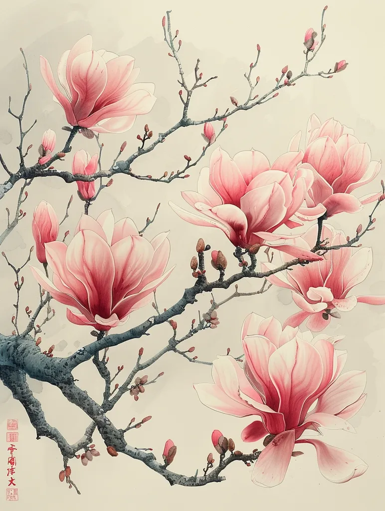 A delicate watercolor painting depicts a magnolia tree branch in bloom. The painting features several large, pink blossoms with delicate, layered petals. The branch is depicted with thin, grey branches and smaller buds, creating a sense of graceful movement. The background is a soft, muted beige, allowing the flowers to stand out in their delicate beauty.