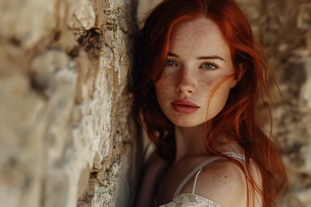 A young woman with long, flowing red hair leans against a rough stone wall. Her face is adorned with freckles, and her green eyes gaze directly at the camera with a hint of sadness. The warm lighting accentuates the natural beauty of her complexion and the intricate details of the stone. The overall atmosphere is soft and introspective, suggesting a moment of quiet contemplation.