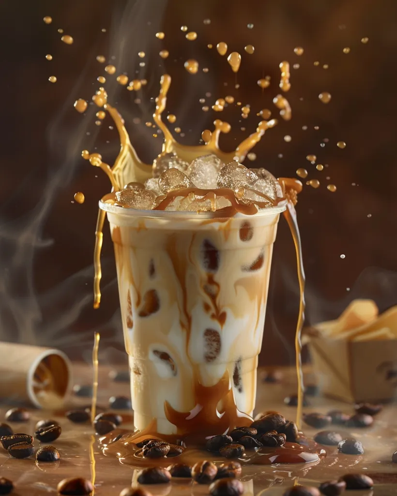 A close-up shot of a glass of iced coffee with a caramel drizzle. The coffee is splashing out of the glass, creating a dramatic and delicious scene. The coffee is surrounded by scattered coffee beans and a paper container, suggesting a coffee shop setting.  The steam rising from the drink adds to the sense of warmth and indulgence.  The image captures the essence of a refreshing and flavorful coffee experience.