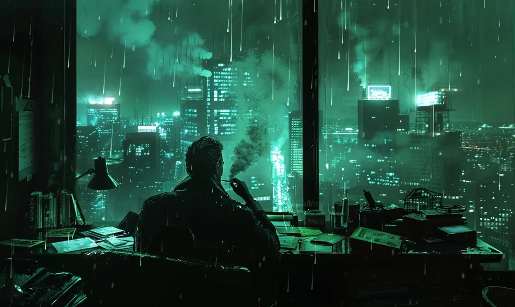 A lone figure sits at a desk, a cigarette dangling from their lips, overlooking a rain-soaked cityscape. The city lights glimmer through the downpour, creating a hazy, green glow. The silhouette of the figure is stark against the luminous backdrop, highlighting their solitude and the vastness of the urban landscape. The image is a study in contrasts: the quiet intimacy of the room against the bustling city, the stillness of the figure against the relentless rain, and the darkness of the figure against the city's vibrant glow.