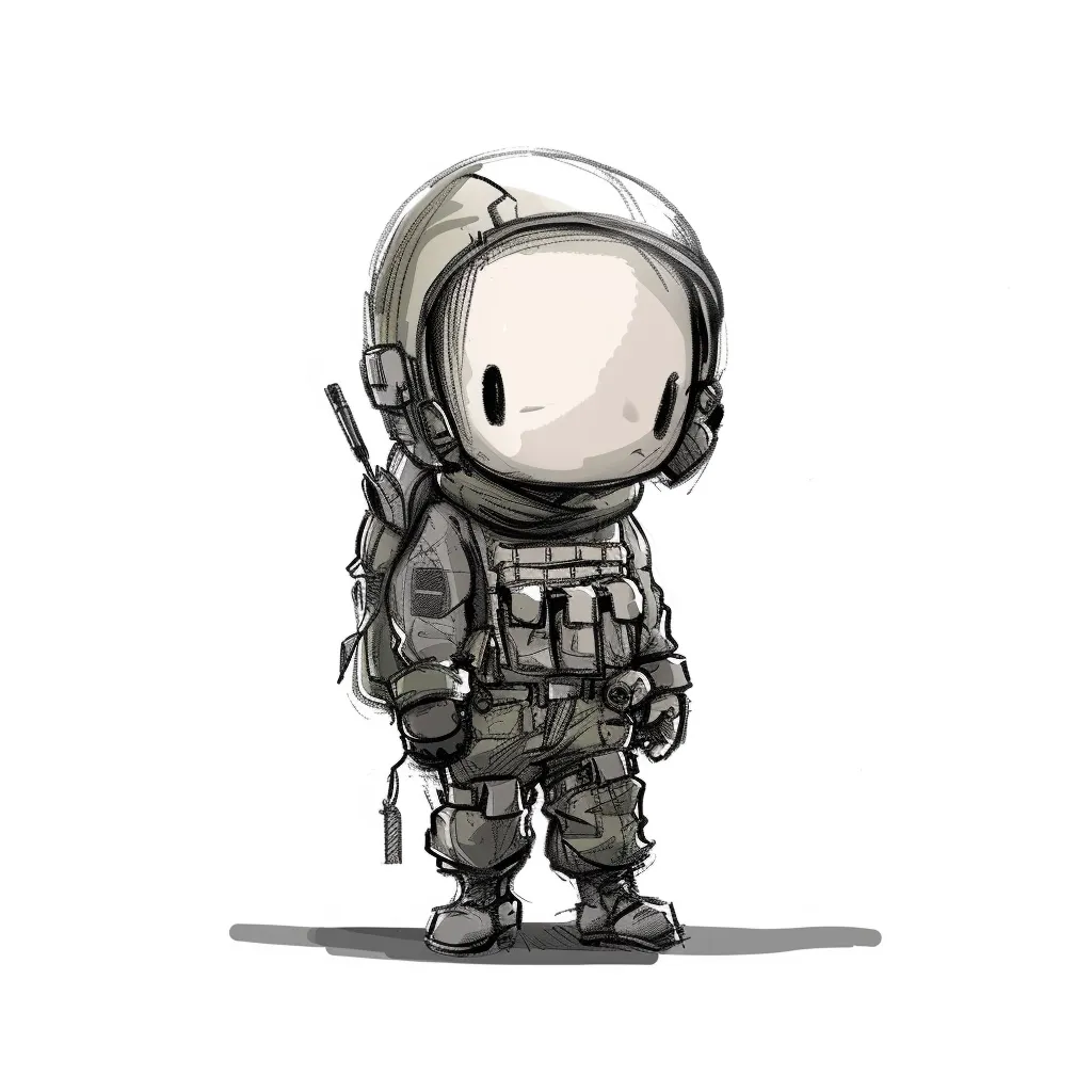 A cartoon illustration of a soldier wearing a helmet and a tactical vest. The soldier is standing in a relaxed pose with one hand resting on their hip. The background is white.  The soldier has a large backpack and is heavily armed.  The style of the illustration is loose and sketchy, with emphasis on the soldier's cute appearance.