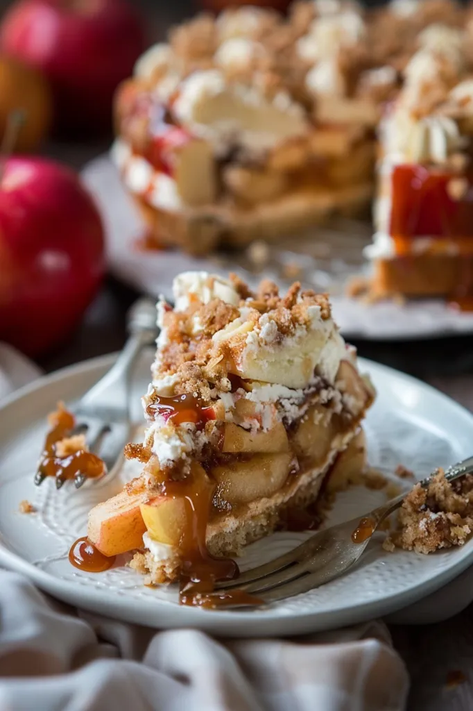 A slice of apple pie sits on a white plate, drizzled with caramel sauce. The pie is layered with apples, crumb topping, and whipped cream. A fork with a bite of pie on it lies on the plate. The background features a larger piece of the same apple pie and some apples. The image evokes a sense of sweetness and indulgence.