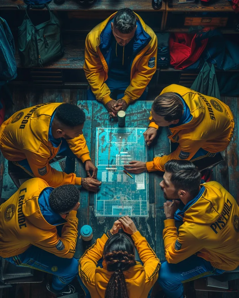 Six people wearing yellow and blue jackets are gathered around a table. They are looking at a blue and white drawing that appears to be a football field with lines and numbers.  The people are huddled around the table, looking intently at the drawing. The image has a dark and gritty aesthetic.
