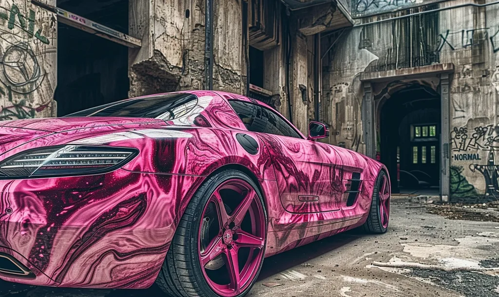 A pink Mercedes-Benz SLS AMG, with a swirling marble-like paint job, is parked in front of an old, graffiti-covered building. The car's rear end is visible, showcasing its sleek design and large taillights. The building's aged exterior and the car's vibrant color create a striking contrast. The scene evokes a sense of urban exploration and the juxtaposition of modern luxury and abandoned spaces.