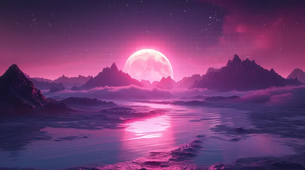A large, pink moon hangs low in the sky above a landscape of purple mountains and a still, reflective body of water. The sky is a deep, saturated purple with a scattering of stars, creating a surreal and otherworldly atmosphere. The image suggests a scene from another planet or a distant future.