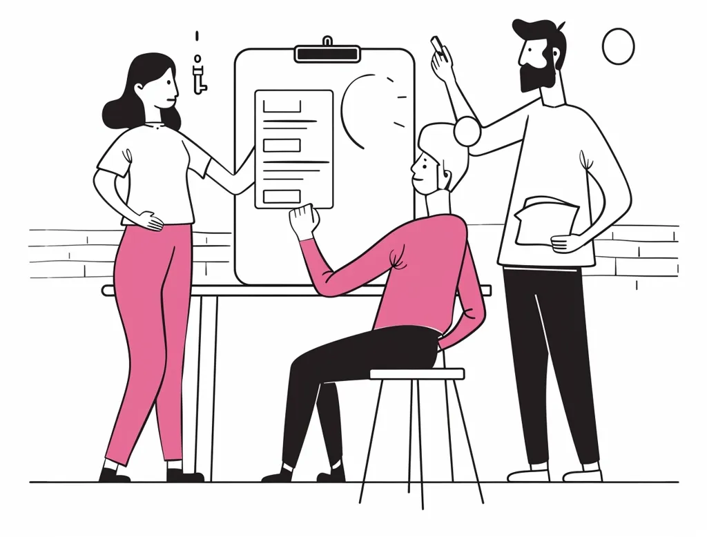 A woman in pink pants points at a whiteboard with a checklist on it. She is standing next to a man with a beard who is pointing up at the board. A third person sits at a desk with their back to the viewer, looking at the board.  They are collaborating on a project, discussing ideas and plans. The scene is minimalist and focused on the characters and the board.