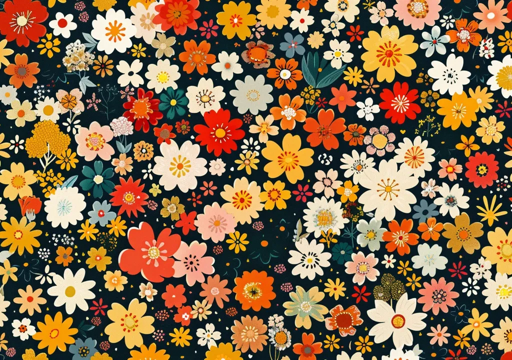 A vibrant floral pattern featuring a variety of colorful flowers on a black background. The flowers are drawn in a retro style with bold colors and simple shapes. The pattern is dense and busy, creating a feeling of energy and excitement. The colors are mostly warm, with reds, oranges, yellows, and pinks dominating. There are also some cooler blues and greens scattered throughout. The pattern is likely inspired by the 1960s and 1970s, and it would be perfect for a variety of applications, such as fabric, wallpaper, or home decor.