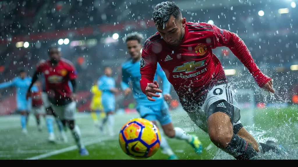 A soccer player in a red and white Manchester United jersey is dribbling the ball with his right foot. He is wearing black shorts and black socks, and his hair is covered in snow. The player is being defended by a player in a light blue jersey, and the game is being played in heavy rain. The background is a blurred stadium, with fans and lights visible.