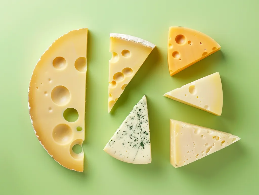 Six different types of cheese are arranged in a circle on a green background. The cheeses include a large wheel of Swiss cheese, a wedge of cheddar, a slice of blue cheese, a wedge of brie, and two different types of cheddar. The cheeses are all different colors and textures, and they create a visually appealing and delicious display.