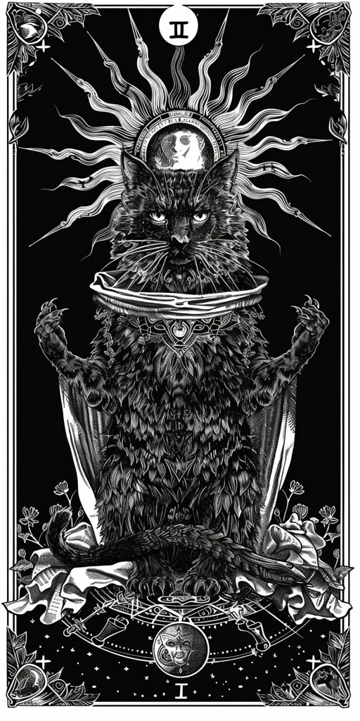 The image is a black and white illustration of a cat, framed in a circle with a sun radiating behind it. It has ornate details, including a collar and other jewelry. The cat's eyes are large and menacing, and the image is set against a dark background. The image is likely from a tarot card or other occult-themed artwork.