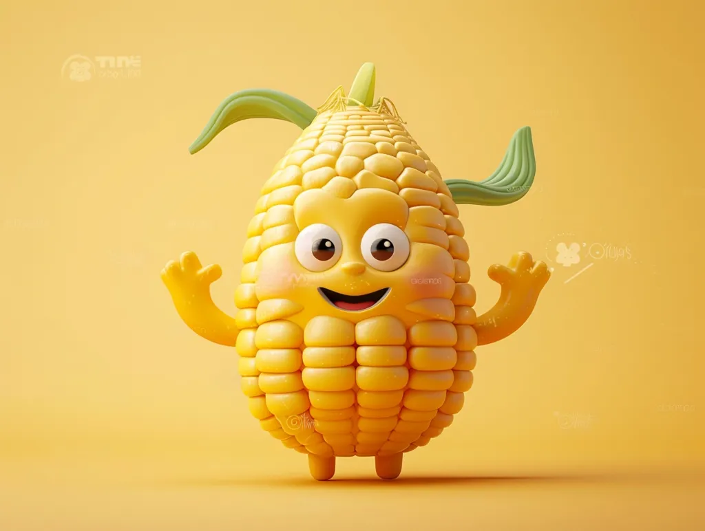A cartoon corn cob with a large smile and green leaves is standing on a yellow background. It has two little arms raised in a welcoming gesture. The corn's face is bright yellow with two big brown eyes. The cob has a cheerful expression, seemingly happy to be sharing its presence.