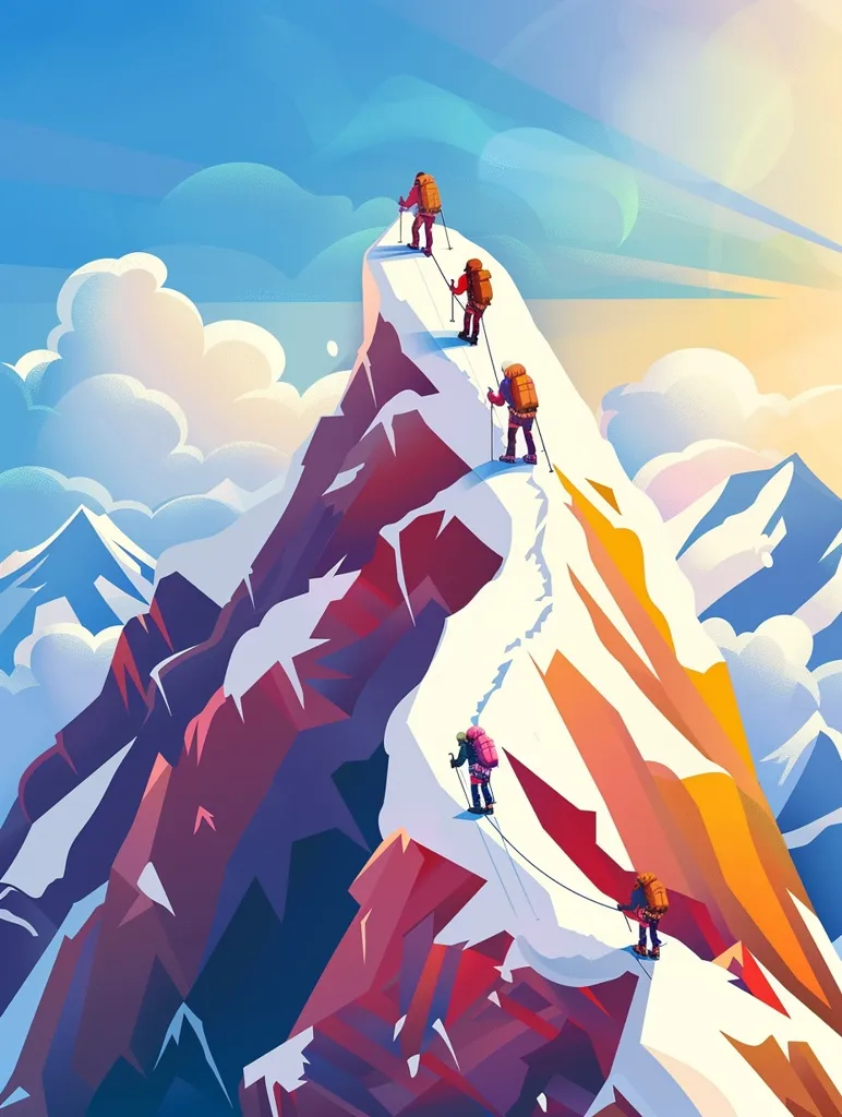A group of six climbers ascend a snow-capped mountain peak, using ropes to navigate the treacherous terrain. The climbers are silhouetted against a bright, blue sky with fluffy white clouds. The mountain's rocky ridges are illuminated by a warm, golden light. The climbers' perseverance is evident, as they strive to reach the summit.