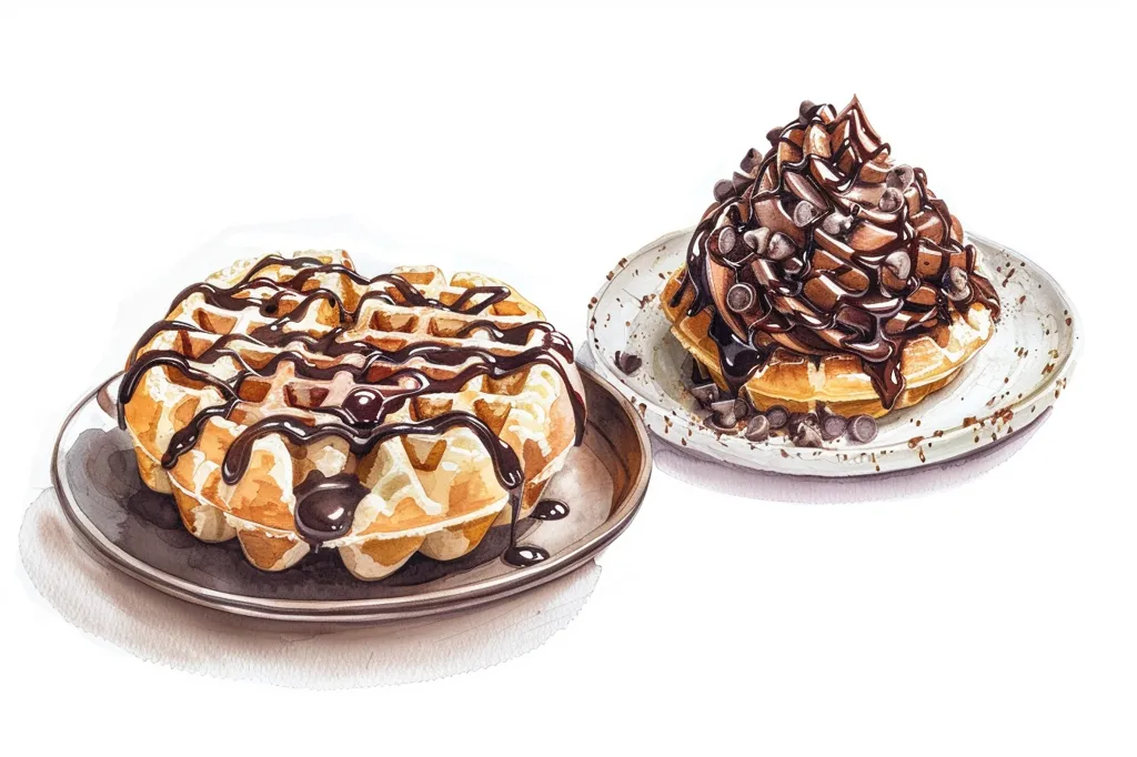 Two waffles, both topped with chocolate. The first is a single waffle covered in a thick layer of chocolate sauce. The second waffle is piled high with whipped chocolate cream and chocolate chips, all drizzled with chocolate sauce. Both waffles are on plates and ready to be eaten.