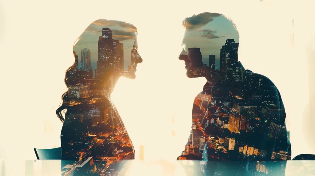 A double exposure image of a man and a woman facing each other. Their silhouettes are overlaid with an image of a city skyline. The image suggests a sense of connection and shared experience within the urban landscape. The soft lighting and blurred background create a dreamlike atmosphere.