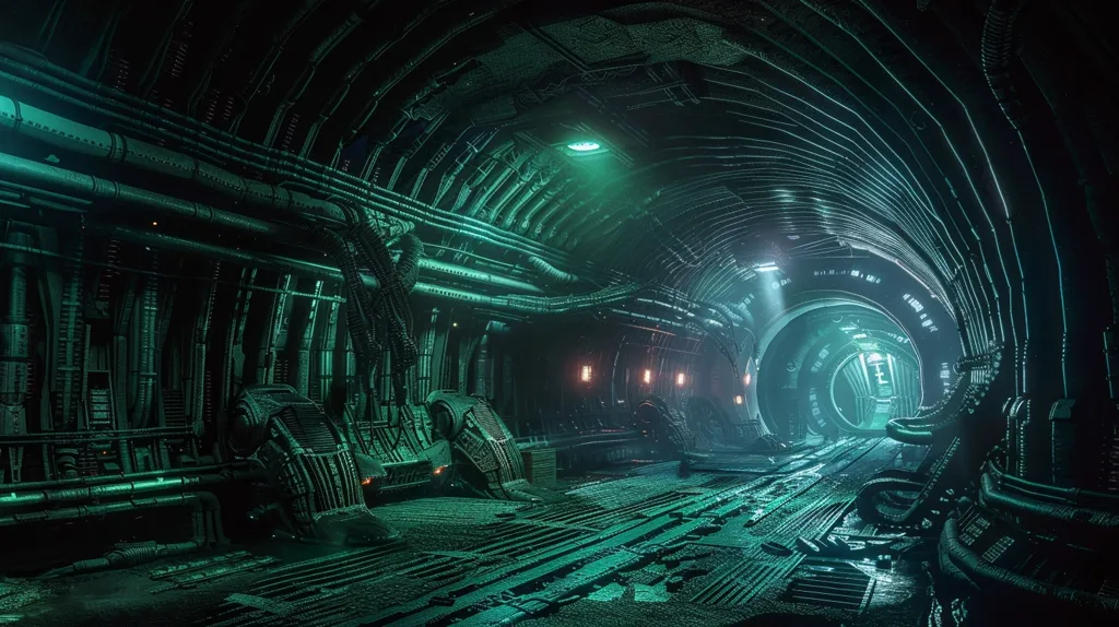 The image shows a futuristic tunnel with a metallic, industrial aesthetic.  The tunnel is dimly lit, with green hues dominating the scene.  The walls are lined with pipes and wires, and the floor is covered in a layer of dirt and grime.  The tunnel extends into the distance, leading to a bright light at the end.  The atmosphere is eerie and slightly ominous, with a sense of mystery and anticipation.  The image evokes a feeling of being in a technologically advanced, but slightly unsettling environment.