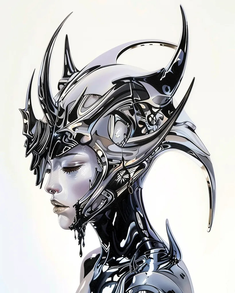 A female figure is depicted, wearing a complex and intricate helmet made of reflective metal. The helmet is adorned with sharp, angular points and curves, giving it an almost alien or futuristic aesthetic. The figure's face is partially obscured by the helmet, revealing only her closed eyes and delicate features. The metallic surface of the helmet reflects light, creating a shimmering effect. The figure's body is also covered in a similar metallic material, hinting at a cyborg or augmented human. The overall image is one of mystery and technological advancement, with a hint of elegance and beauty.