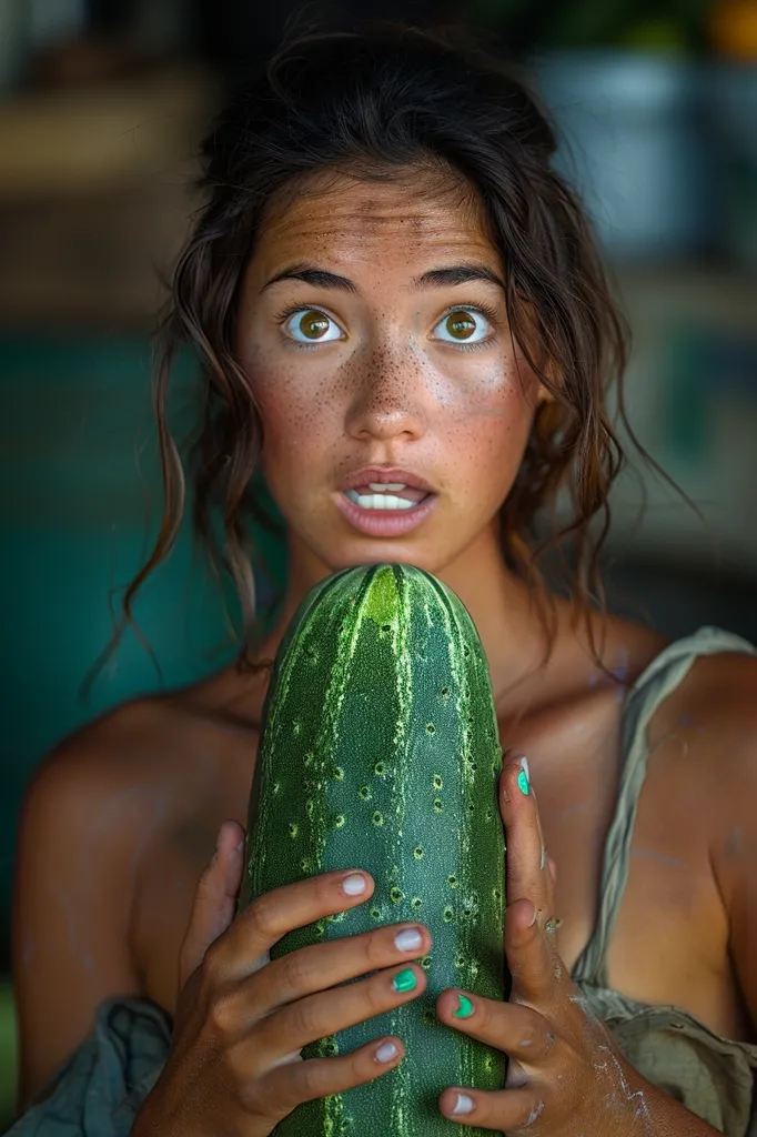 A young woman with long brown hair and freckles stares directly at the camera with a surprised expression. She is holding a large green cucumber in front of her chest, and her hands are visible in the frame. She is wearing a simple, off-white tank top.  The background is blurred, suggesting a natural setting.  The lighting is soft and warm.