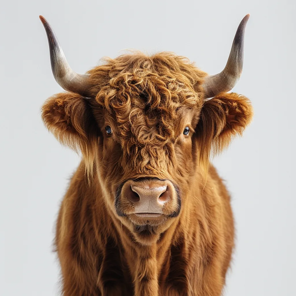 A Highland cow, with long, curly reddish-brown fur and large, slightly curved horns, stares directly at the camera. Its brown eyes are clear and focused, and its nostrils are flared slightly. The cow's soft, fluffy fur covers its entire body, and its face is gentle and serene. The background is a simple white, which emphasizes the cow's striking features.