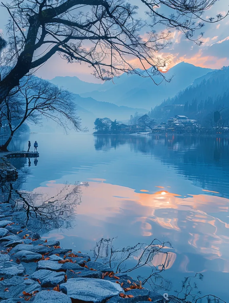 The image shows a serene lakeside scene at dusk. A calm lake reflects the sky and distant mountains, with a hazy sunset casting a warm glow over the scene. The foreground features a rocky shore and a tree branch extending over the water, adding a touch of tranquility. Two small figures stand on the shore, adding a sense of scale to the vastness of the landscape.