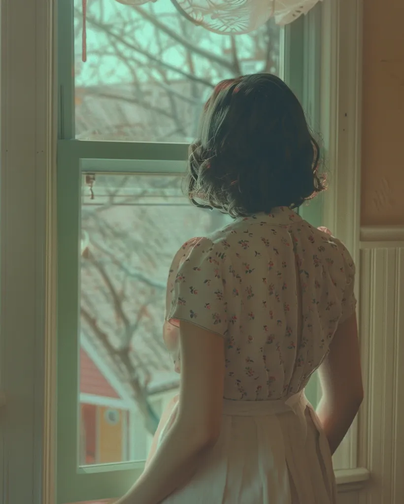 A woman in a floral dress stands by a window, looking out at a tree-lined street. The light filtering through the window casts a soft, warm glow on her. The scene has a nostalgic feel, suggesting a moment of quiet contemplation.  Her back is to the viewer, emphasizing her solitude. The blurry background creates a sense of distance and privacy.