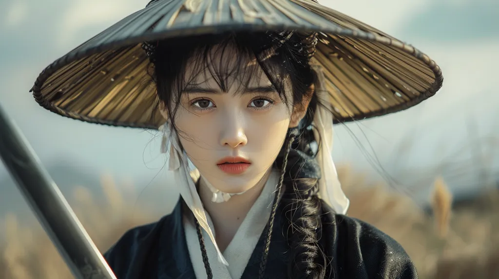 A young woman with long black hair, wearing a wide-brimmed straw hat and traditional black clothing, stares intently at the camera. Her face is pale and her eyes are dark and serious. The background is blurred, suggesting a natural setting. The image has a mysterious and slightly melancholic atmosphere.