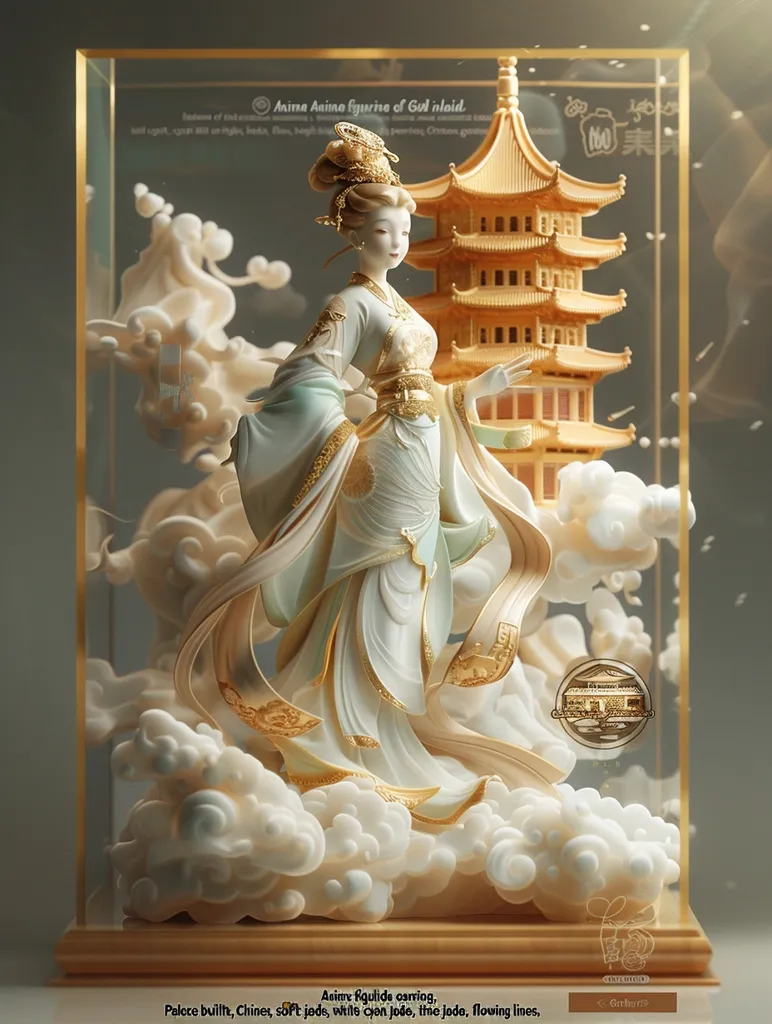 A delicate porcelain figurine of a woman in traditional Chinese garb stands on a cloud-like base. The woman is adorned with intricate golden details and holds a golden fan. Behind her, a golden pagoda rises into the clouds, suggesting a celestial theme. The figurine is encased in a glass display case, highlighting its artistry. The caption describes the materials and techniques used in its creation: "Palace built, Chinese, soft jade, white qian jade, the jade, flowing lines."