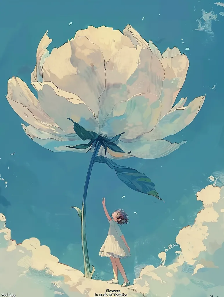 A young girl in a white dress stands in front of a giant flower, looking up at it in awe. The flower, with its delicate petals, is impossibly large, reaching up towards a clear blue sky dotted with fluffy white clouds. The scene is whimsical and dreamlike, with soft, pastel colors that evoke a sense of wonder and innocence.