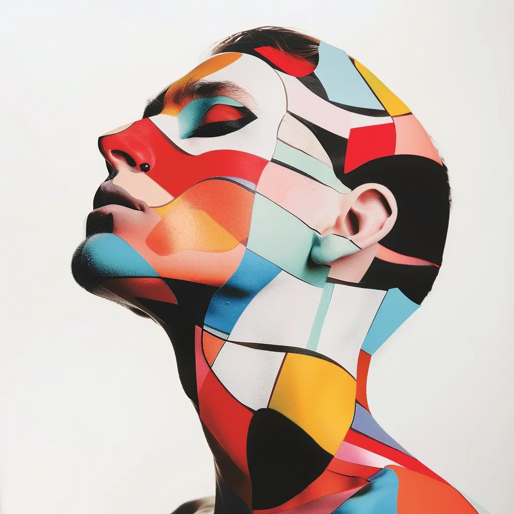 A person's face is covered in a bold, abstract design of geometric shapes and bright colors. The makeup features blocks of red, yellow, blue, green, and white, creating a striking visual contrast. The person's eyes are closed, and their head is tilted back, suggesting a sense of calm and introspection. The simple white background emphasizes the vibrant colors and graphic nature of the design.  The image is a celebration of creativity and self-expression.