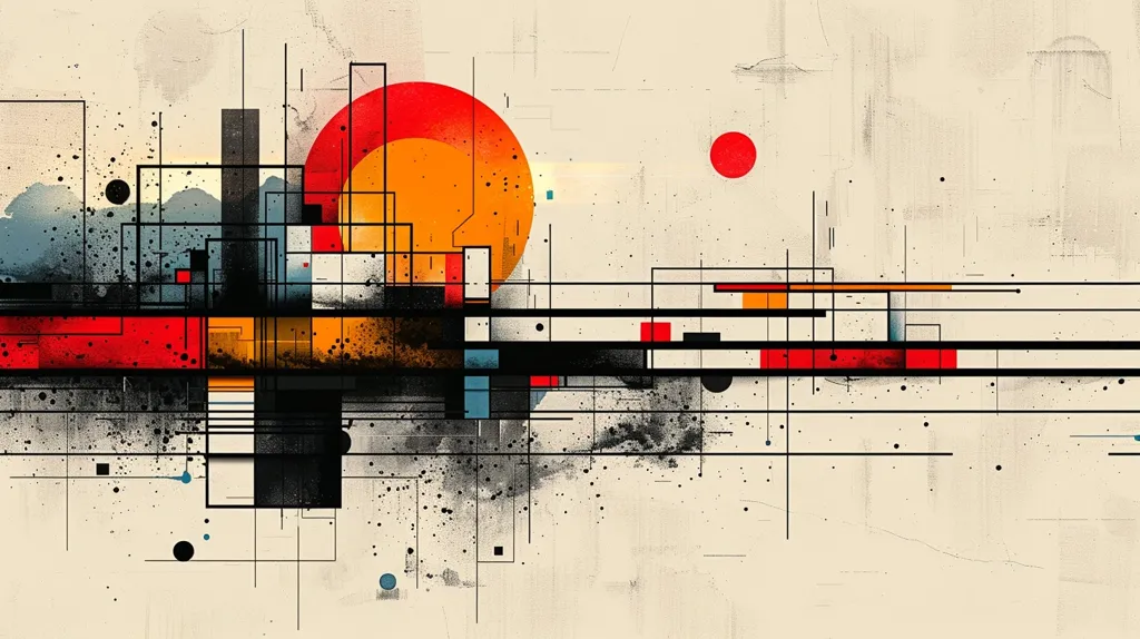 The image is an abstract composition of geometric shapes and lines on a beige background. It features a large orange and red circle at the top left, as well as smaller red and black circles scattered throughout. Black lines create a grid-like pattern, intersected by bold black shapes and horizontal bands of red and orange. The image has a textured, almost grainy feel.