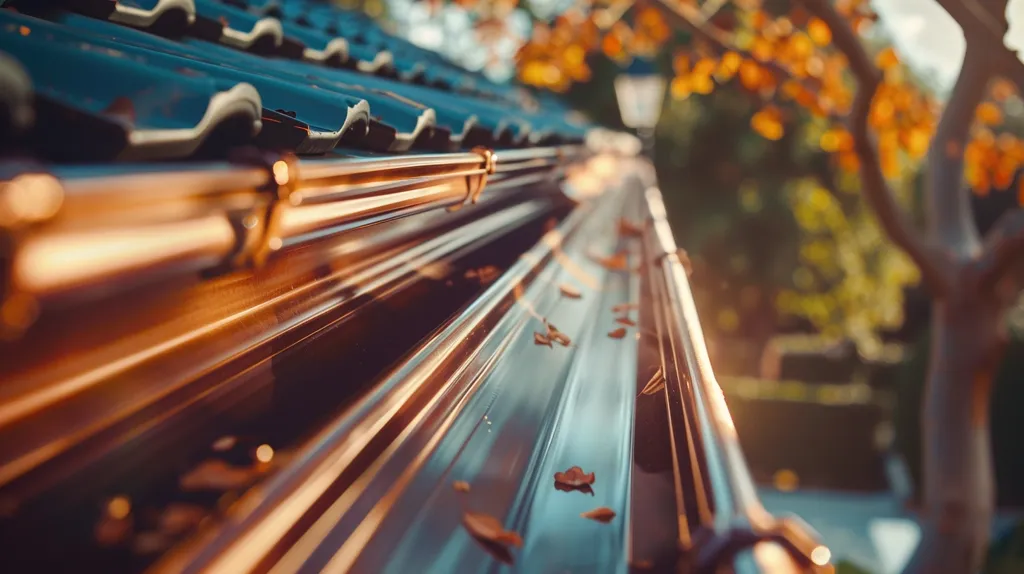 A close-up shot of a copper rain gutter with fallen leaves inside. The gutter is attached to a roof, and the image is taken from a low angle. The background is a blurry view of a tree with yellow leaves. The image is warm and inviting, and it captures the beauty of autumn.