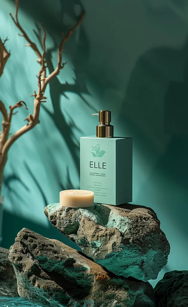 A bottle of Elle body wash with a gold pump sits on a textured rock. A bar of soap sits next to the bottle. The background is a teal wall with a dry, brown branch extending to the left. The rocks and the bottle are all shaded in green hues.