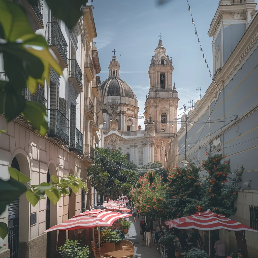 A narrow street in a European city leads towards a grand cathedral with two towers. The street is lined with buildings, some with balconies, and features red and white striped umbrellas shading tables and chairs. Lush green trees and colorful flowers add to the vibrant scene. The sky is bright blue, and the atmosphere is calm and peaceful.