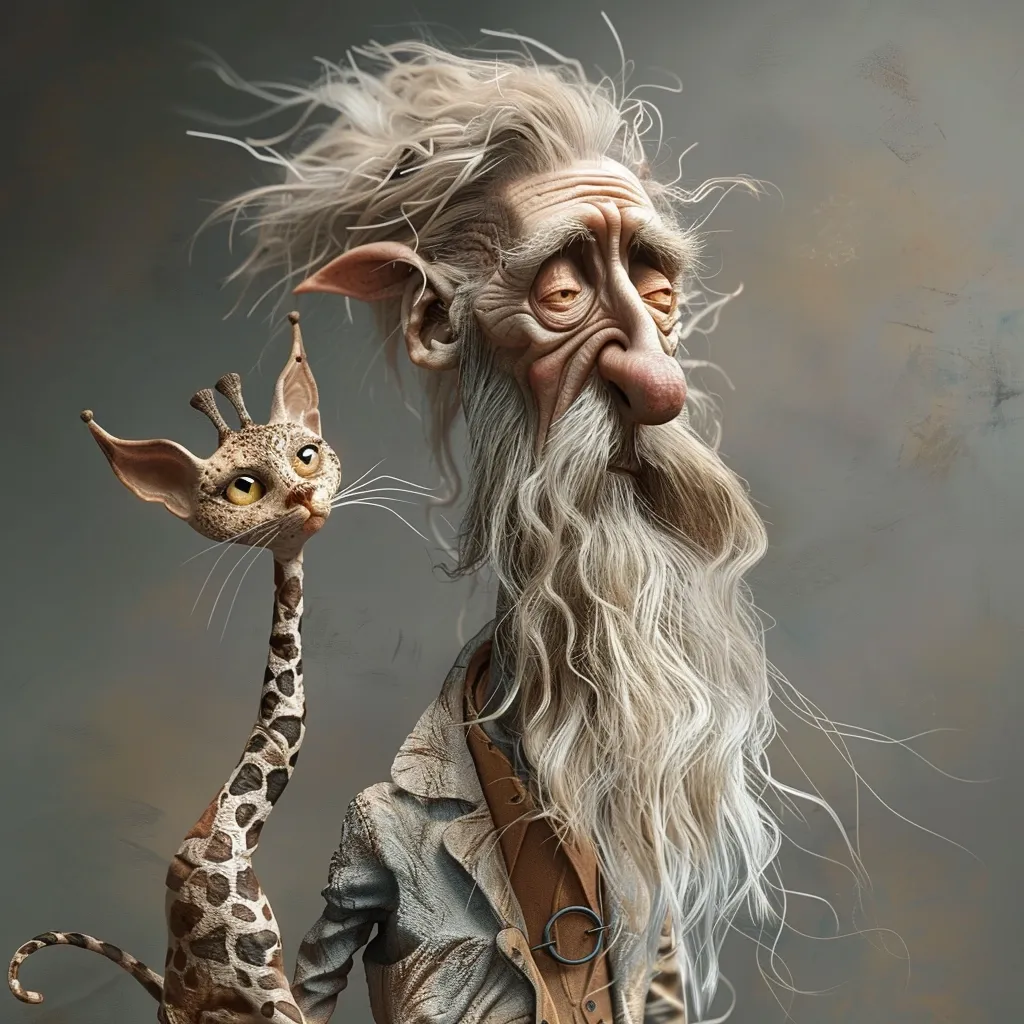 The image features a cartoon-like depiction of an elderly man with a long, flowing white beard and a giraffe-like cat. The man has a mischievous glint in his eye, while the cat looks at him with a curious expression. Their contrasting appearances and whimsical features create a humorous and charming scene. The image is rendered in a realistic style, with detailed textures and lighting.  The background is a simple grey, which allows the subjects to stand out.