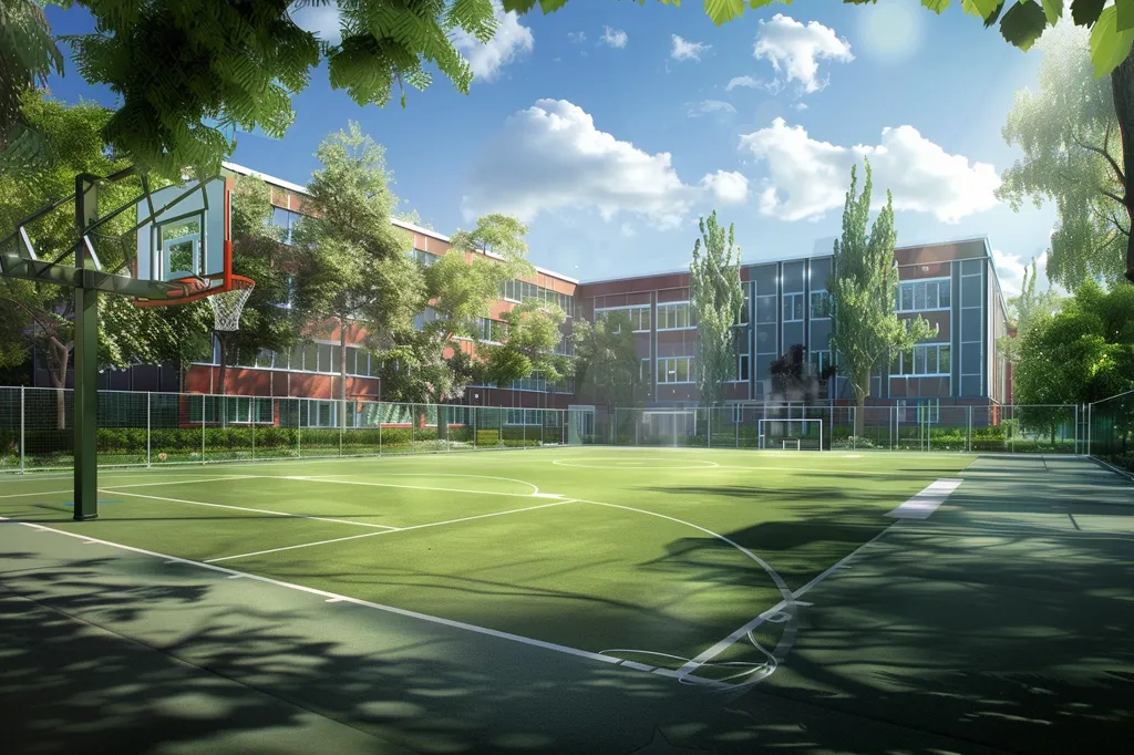A basketball court with a hoop on the left side of the frame.  The court is green and has white lines marking the playing area.  Behind the court is a large brick building with windows.  The building is surrounded by green trees and a chain link fence.  The sky is blue with white clouds.  The sun is shining brightly.  There is a small soccer goal visible in the background.  The entire scene is bright and sunny.