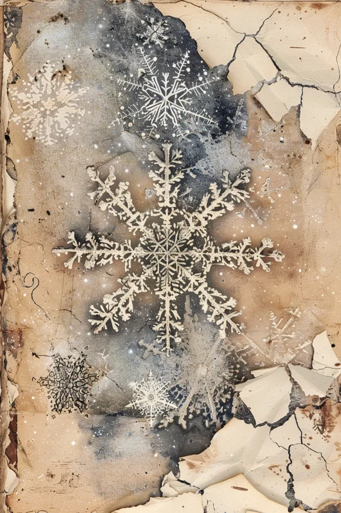 The image depicts a distressed, vintage background with a central, large snowflake design. The background features cracked and peeling paint, revealing the underlying layers in various shades of brown and white. The snowflake is intricately detailed and appears to be printed onto the surface, creating a stark contrast to the weathered backdrop. Scattered around the main snowflake are smaller, less prominent snowflake designs, adding to the overall wintery theme. The entire image evokes a sense of age and timelessness.