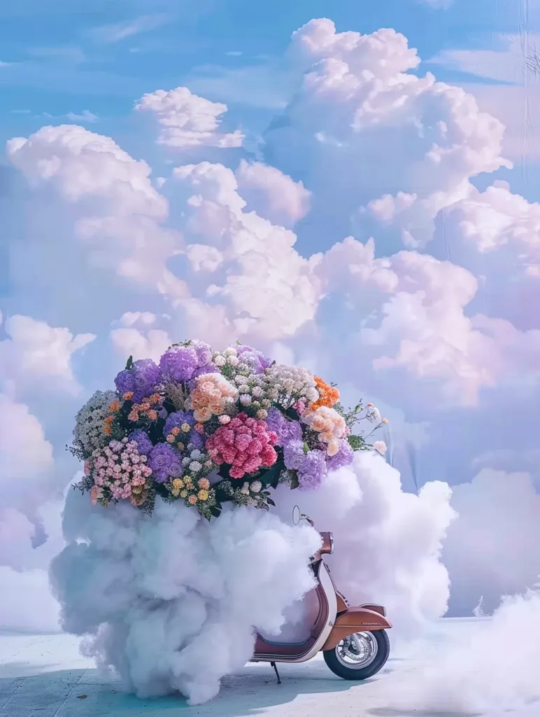 A vintage scooter is hidden beneath a giant, fluffy cloud made of pastel pink, purple, and white flowers. The scene is set against a backdrop of a bright blue sky with fluffy, white clouds. The overall image evokes a sense of whimsical charm and ethereal beauty.