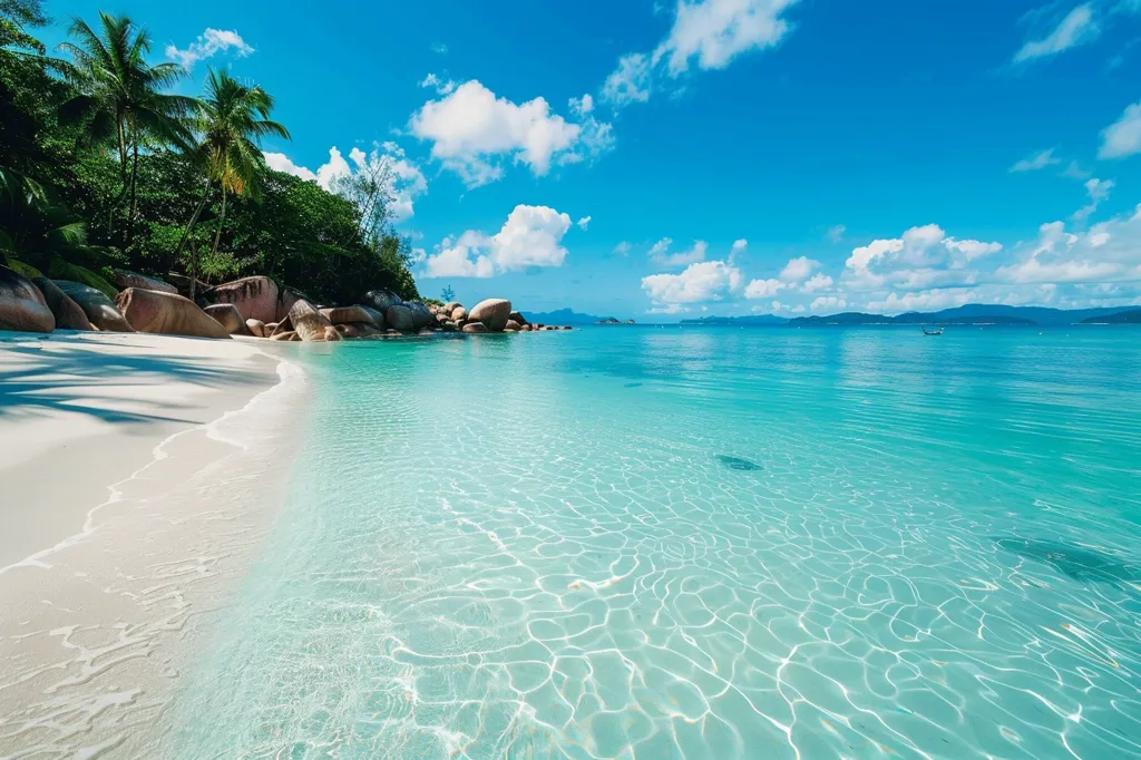 A pristine, white-sand beach stretches out towards crystal clear turquoise waters. Lush green palm trees and rocky outcrops line the shoreline, creating a picturesque tropical scene.  The sky is a brilliant blue, dotted with fluffy white clouds. The shallow water reflects the sun's rays, creating a mesmerizing pattern. It's a perfect paradise for relaxation and enjoyment.