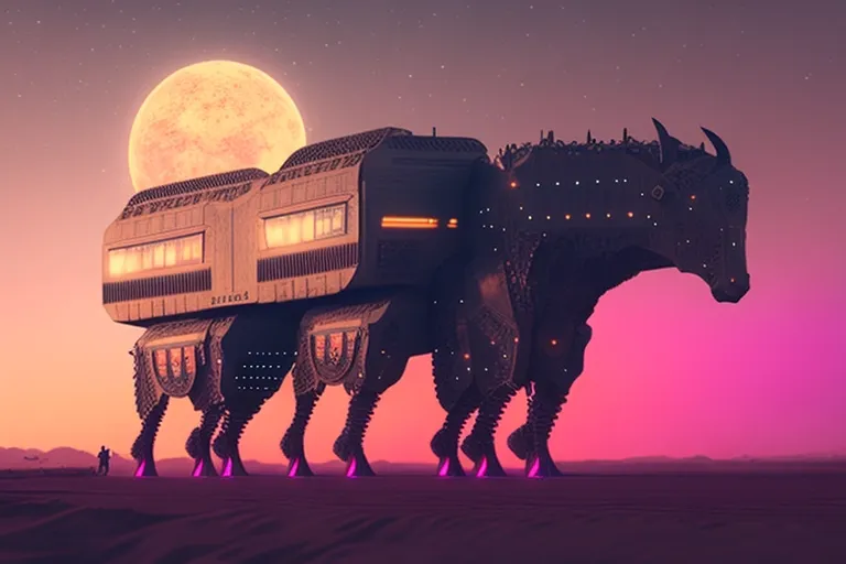 A large, mechanical beast with a rectangular body and multiple legs walks across a desert landscape. Its body is covered in glowing lights, and it casts a long shadow. A bright moon hangs in the sky, illuminating the scene. The beast appears to be in a futuristic setting, perhaps a post-apocalyptic world.