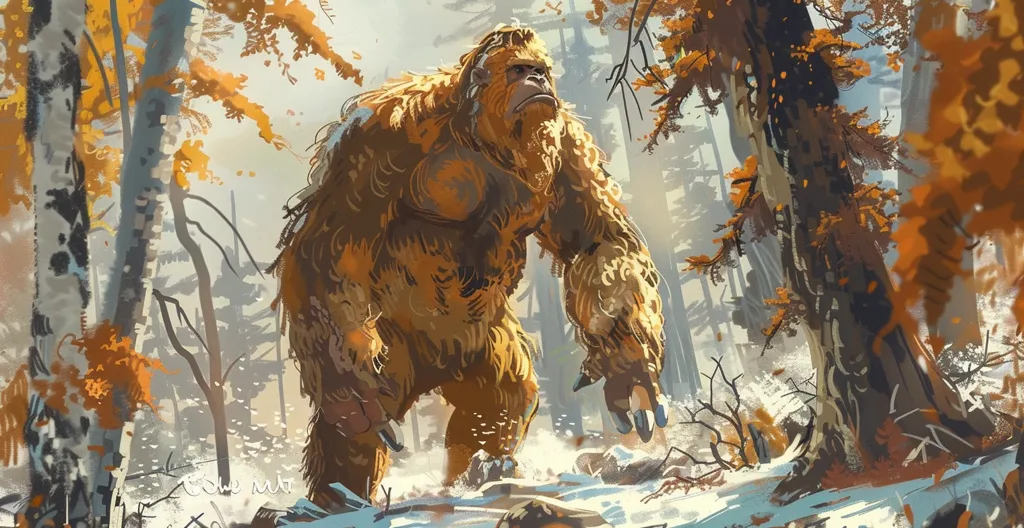 A large, hairy creature with a human-like face stands in a snowy forest. It's brown fur is thick and shaggy, and its eyes are dark and piercing. The creature's hands are large and powerful, and its feet are thick and sturdy.  The trees surrounding it are bare-branched and covered in snow, and the ground is white and powdery. The creature's presence in this scene suggests an encounter with a mythical creature, a creature of legend.