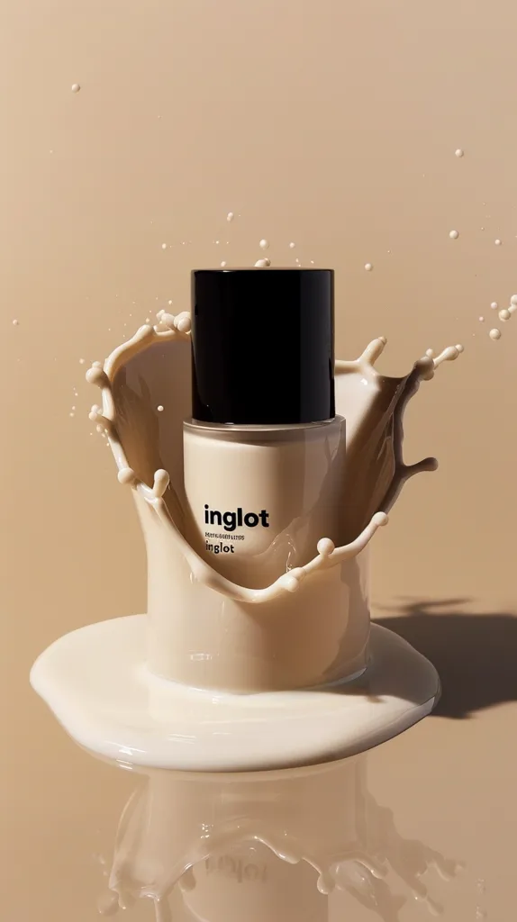 A bottle of Inglot foundation is sitting in the middle of a splash of liquid foundation. The liquid is a creamy beige color and the bottle has a black cap and a white label. The background is a light beige.  The image is a simple and elegant composition that highlights the product.