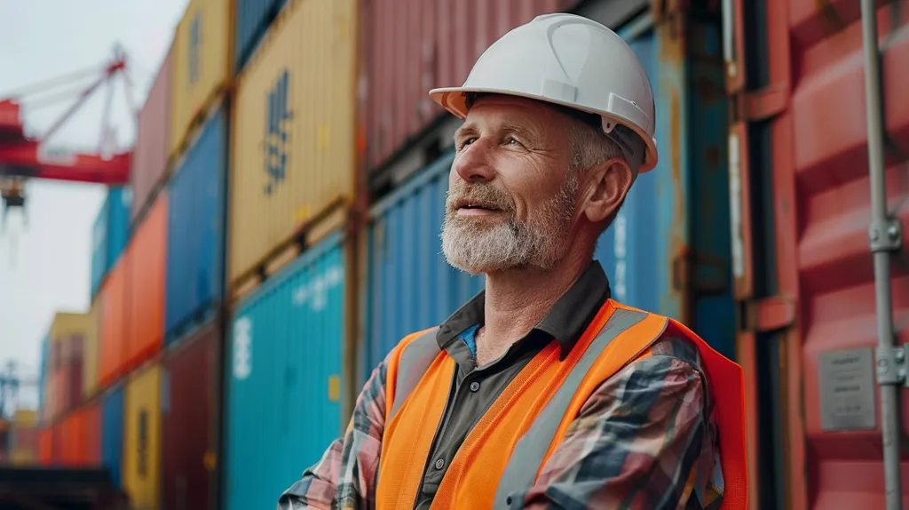 A man in a white hard hat and orange safety vest stands in front of a row of colorful shipping containers. He is looking up, with a thoughtful expression on his face, and his arms are crossed. The image evokes a sense of industrial work and the busy life of a shipping port.